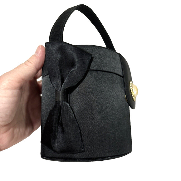 Carla Marchi Black Satin Evening Bag Top Handle Hard Case Purse Bow Rhinestones - Picture 5 of 10